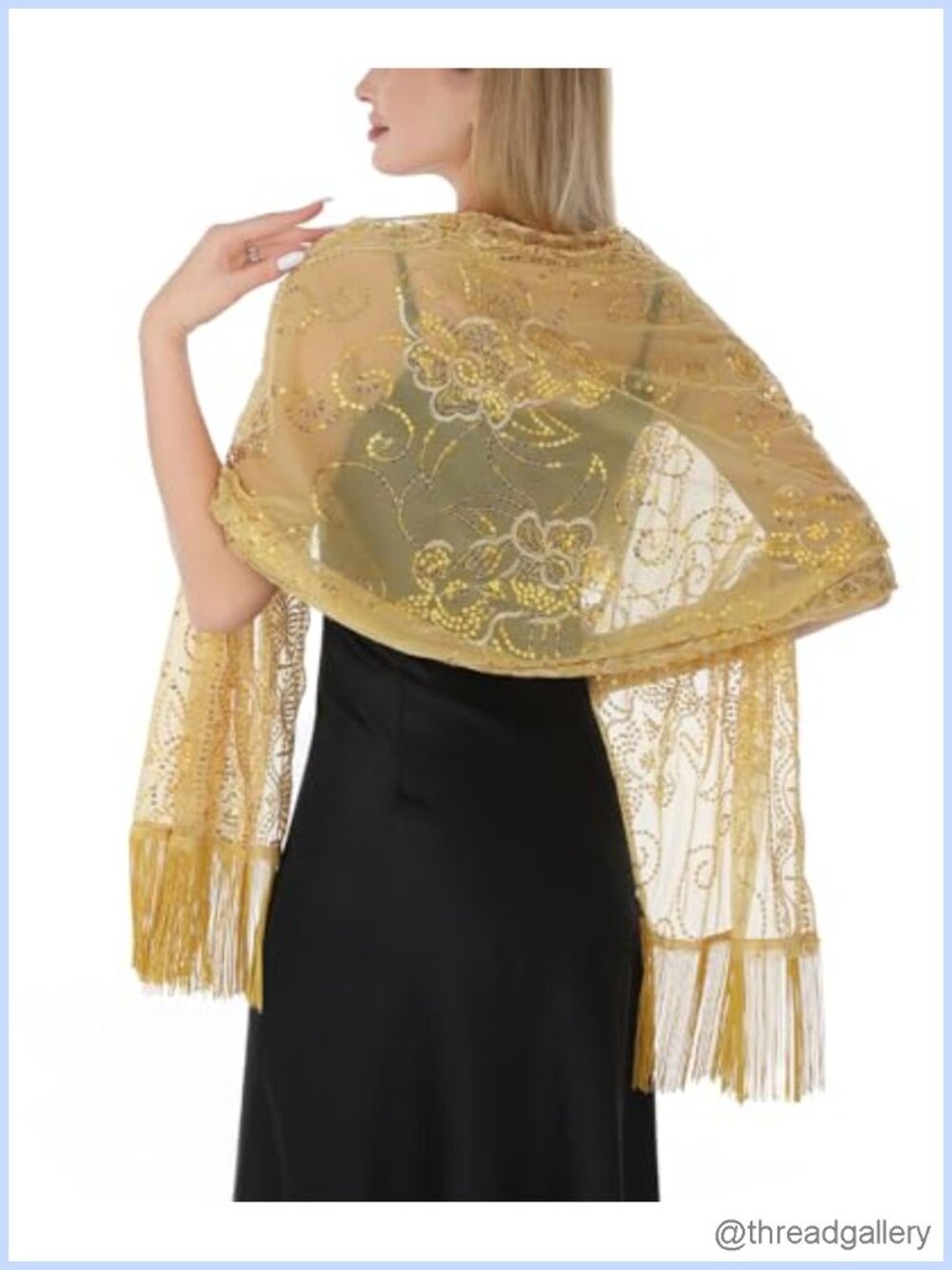 Sheer Lace Evening Shawl Wrap with Fringe Sequin Chiffon Formal Party Scarf